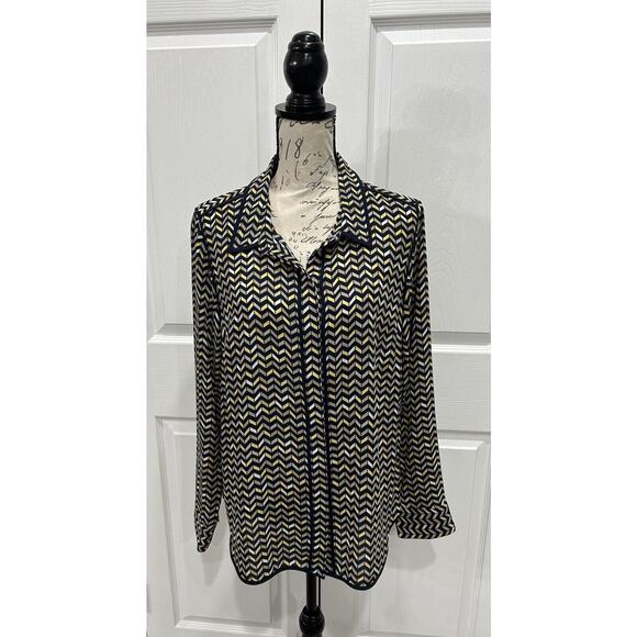 TOMMY HILFIGER Women’s Navy Yellow Chevron Print Button Up Blouse Top Large - Picture 1 of 5